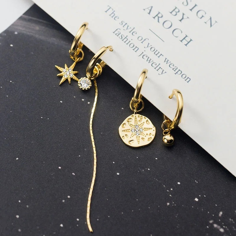 Star & Disc Asymmetric Hoop Earrings in Sterling Silver & Gold