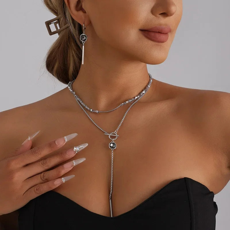 Collection - Gray Crystal Layered Lariat Necklace, Earring and Ring