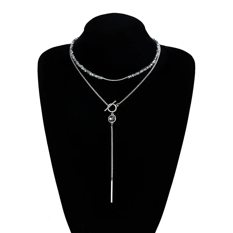 Collection - Gray Crystal Layered Lariat Necklace, Earring and Ring