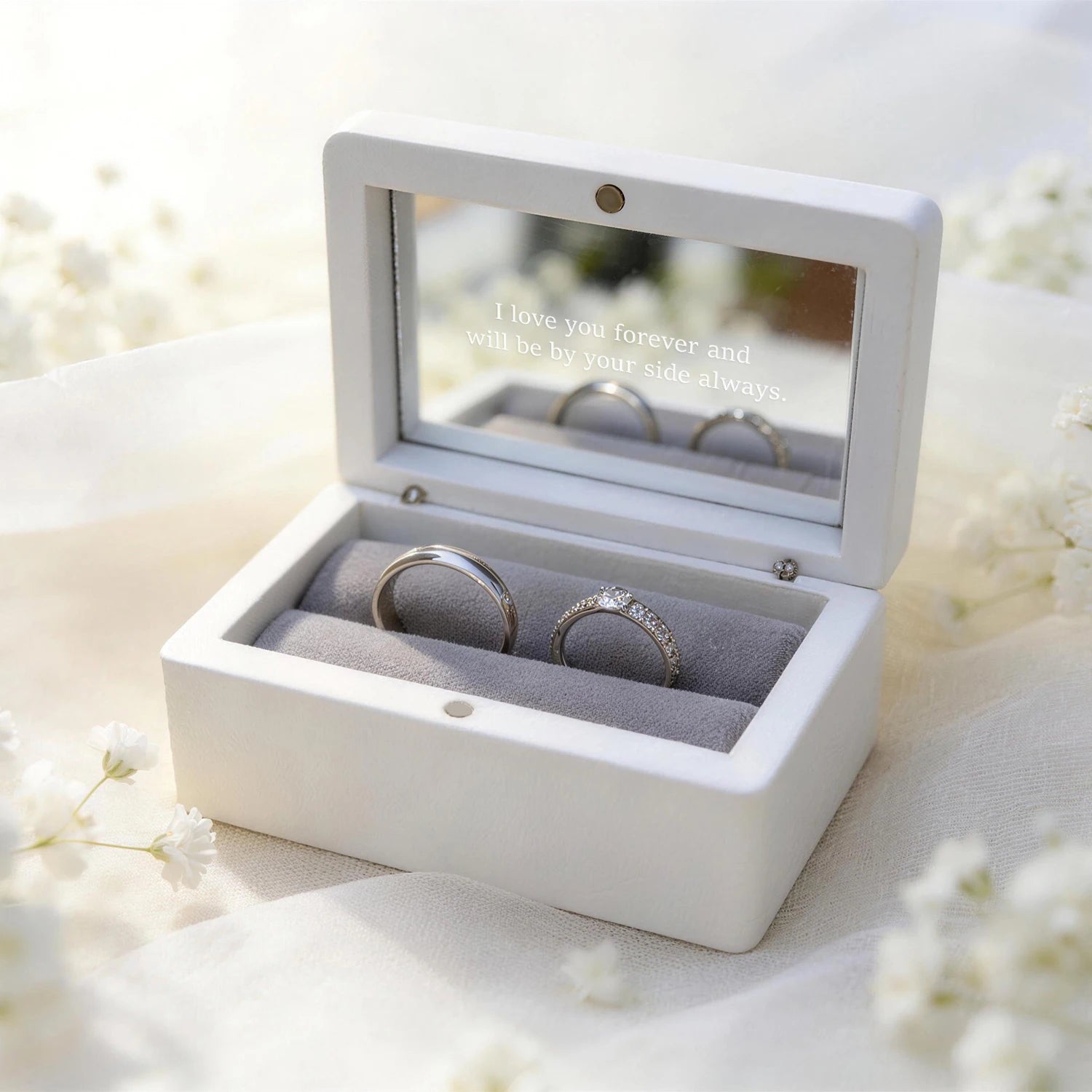 Personalized Wedding Ring Box with Engraved Mirror Lid