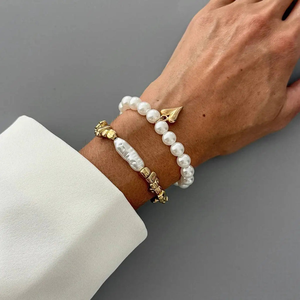 Pearl & Gold Heart Charm Bracelet Set