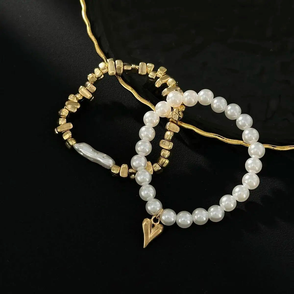 Pearl & Gold Heart Charm Bracelet Set