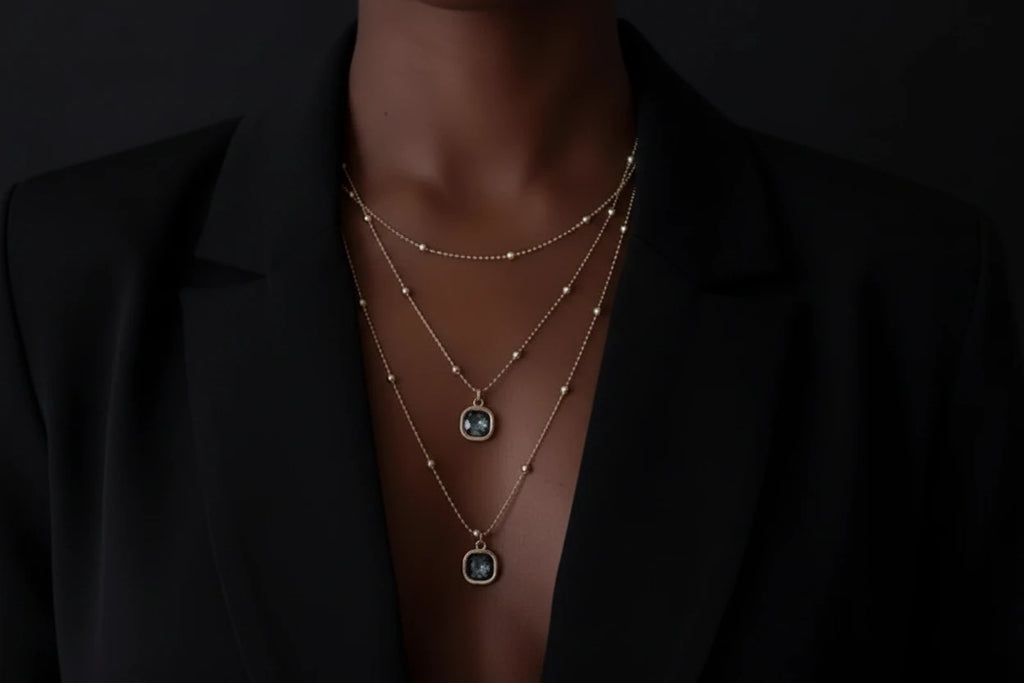 Square Pendant Layered Bead Necklace