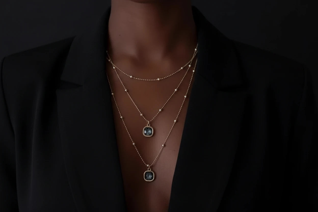 Square Pendant Layered Bead Necklace