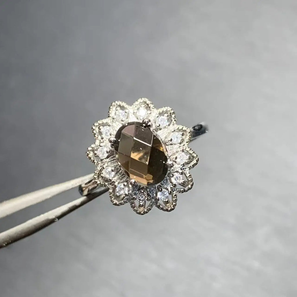 Natural Smoky Quartz Floral Halo Ring in 925 Silver