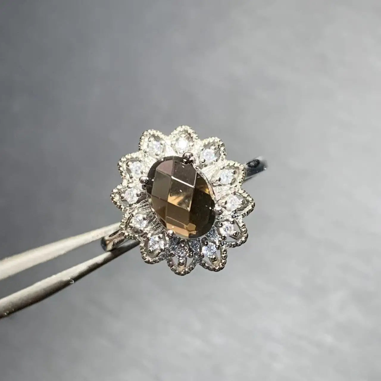 Natural Smoky Quartz Floral Halo Ring in 925 Silver