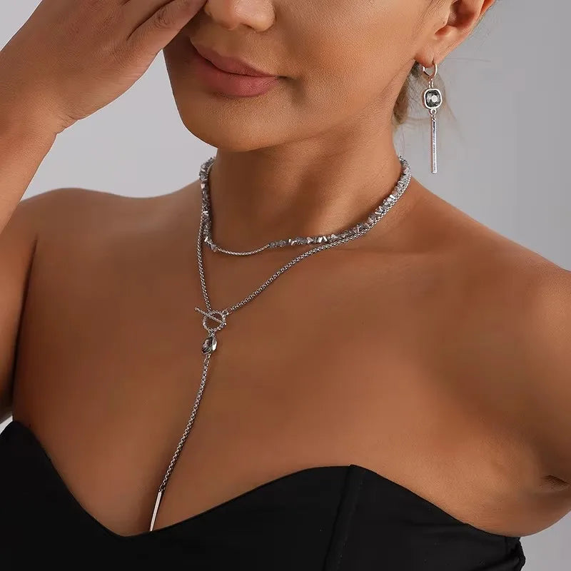 Collection - Gray Crystal Layered Lariat Necklace, Earring and Ring