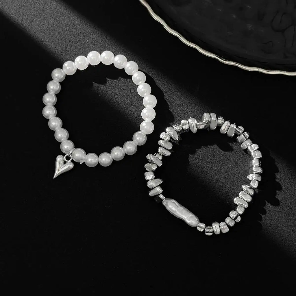 Pearl & Gold Heart Charm Bracelet Set