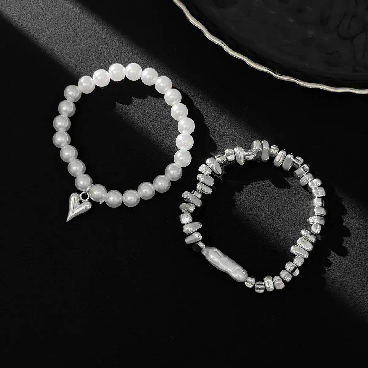 Pearl & Gold Heart Charm Bracelet Set
