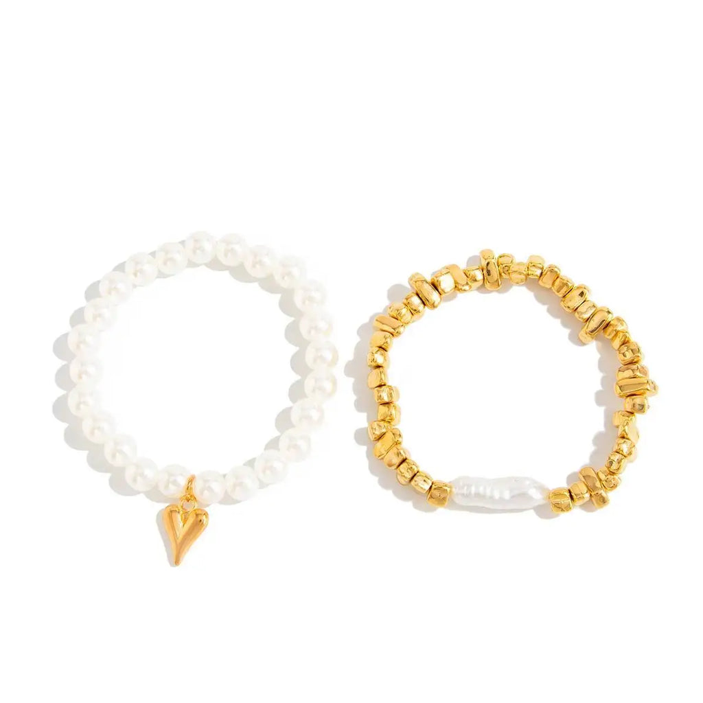 Pearl & Gold Heart Charm Bracelet Set