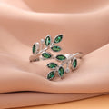 Green Crystal Leaf Open Ring in 925 Sterling Silver — Nature-Inspired Statement Ring