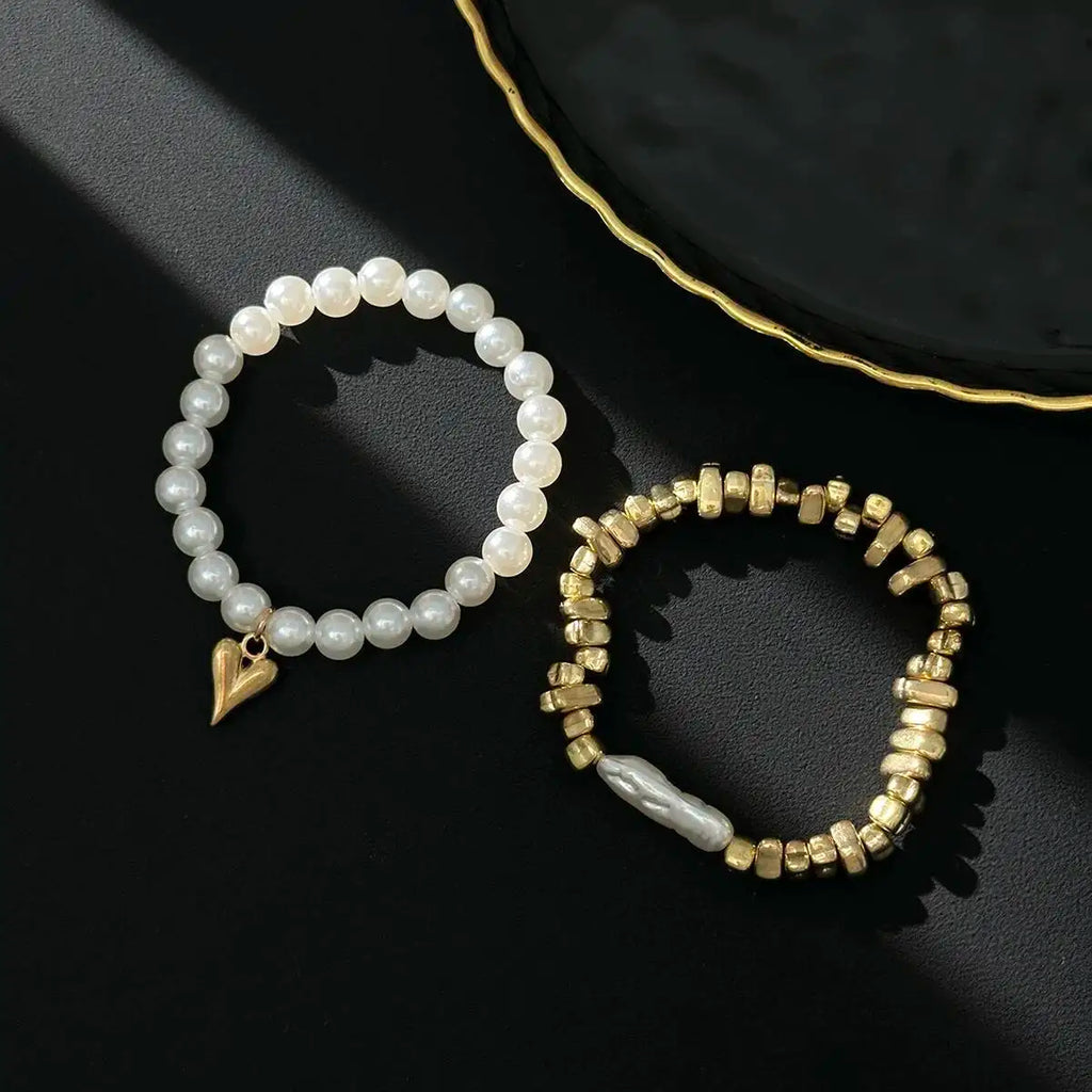 Pearl & Gold Heart Charm Bracelet Set
