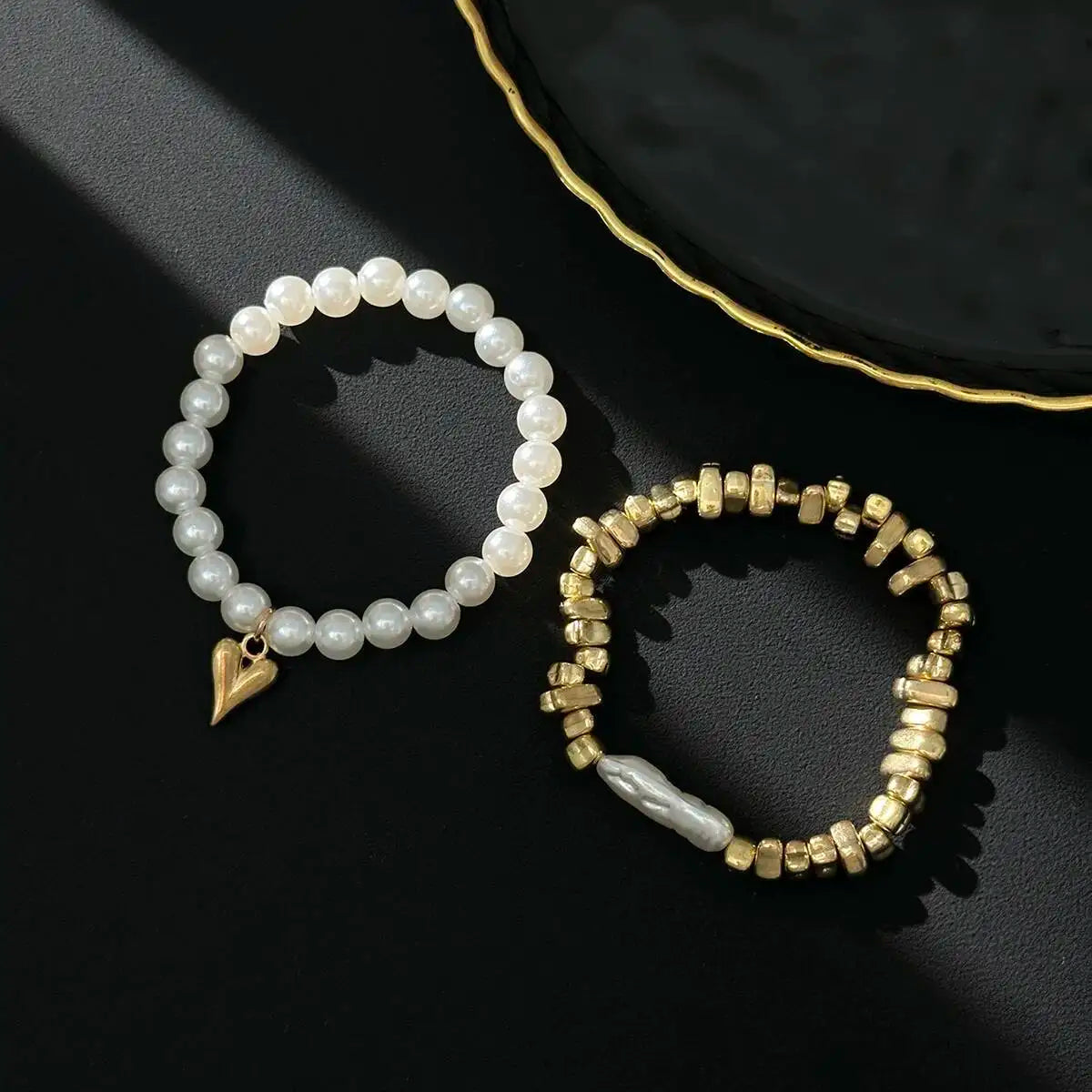 Pearl & Gold Heart Charm Bracelet Set