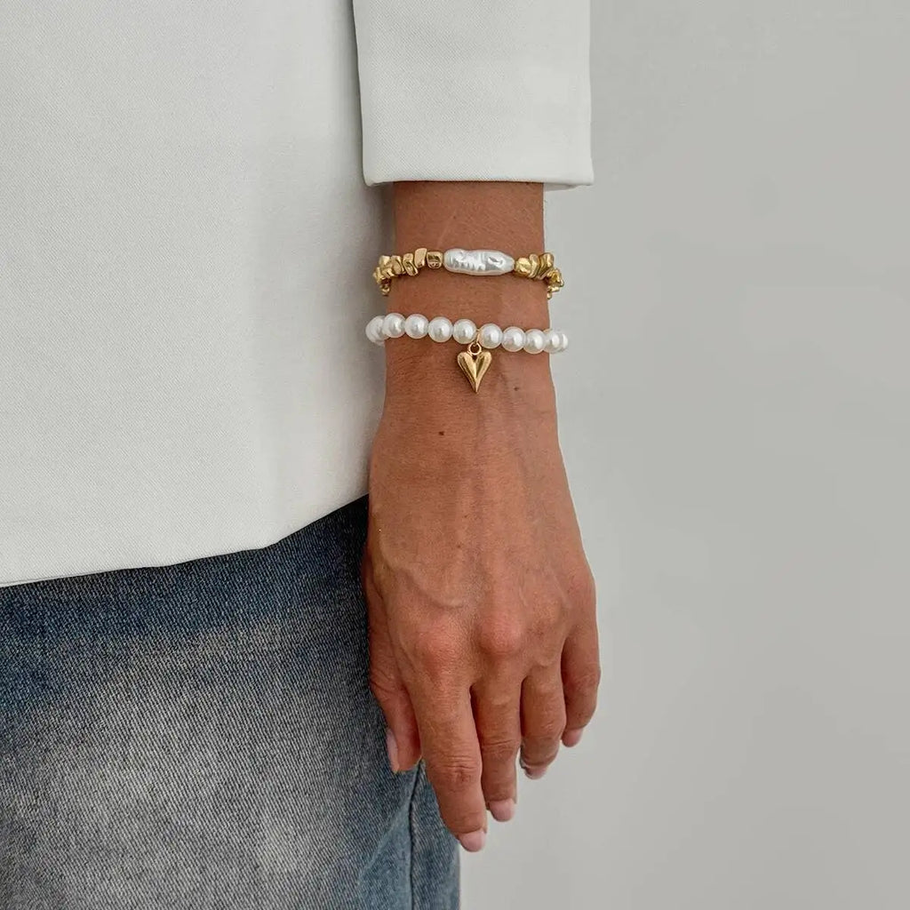 Pearl & Gold Heart Charm Bracelet Set