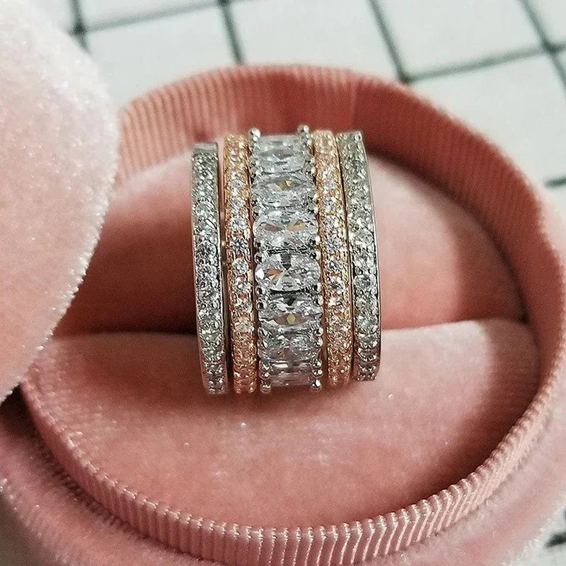Two-Tone CZ Multi-Row Wide Band Ring