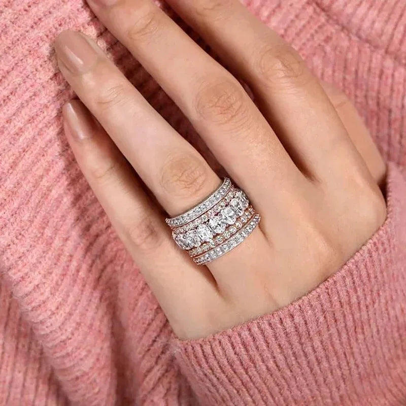 Two-Tone CZ Multi-Row Wide Band Ring