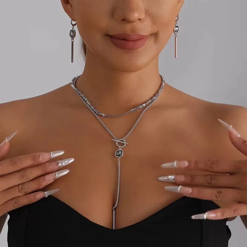 Collection - Gray Crystal Layered Lariat Necklace, Earring and Ring