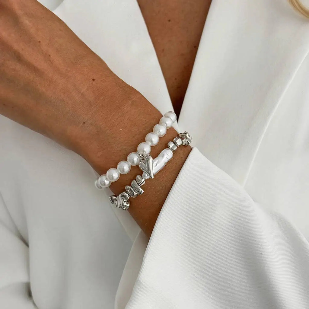 Pearl & Gold Heart Charm Bracelet Set