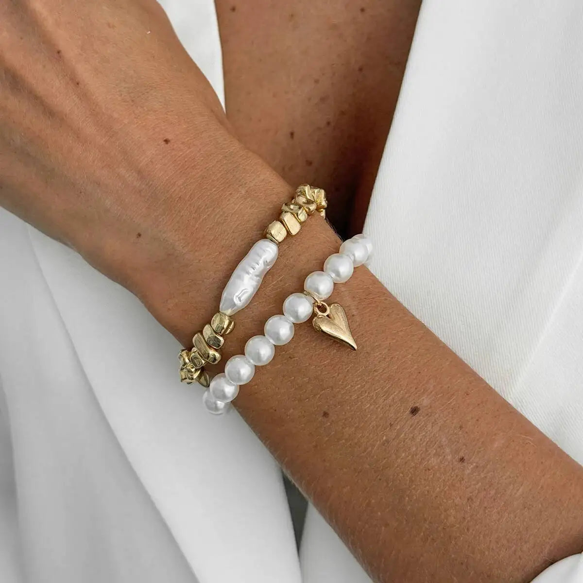 Pearl & Gold Heart Charm Bracelet Set