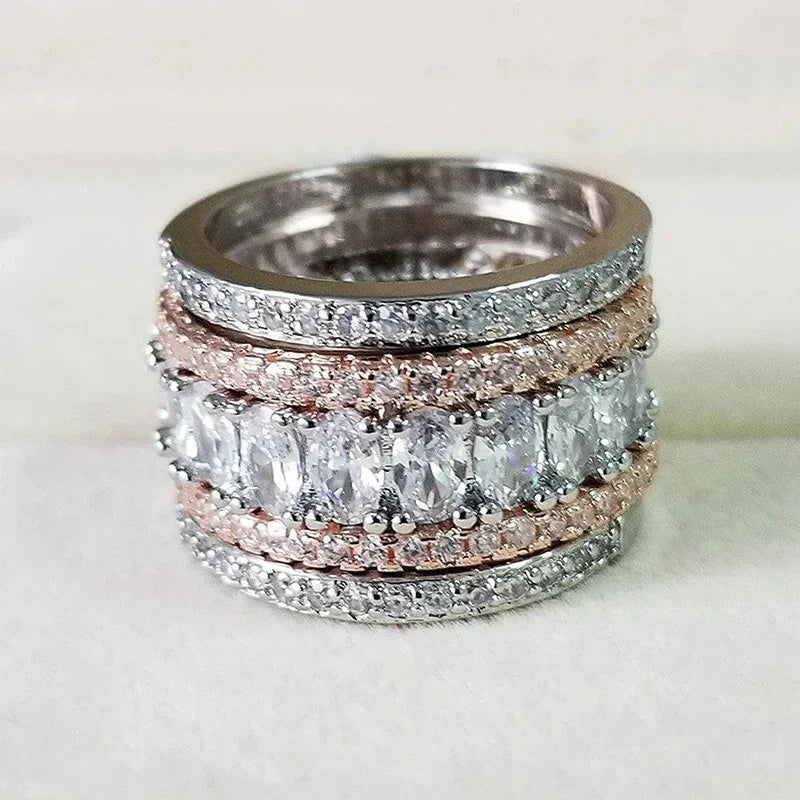 Two-Tone CZ Multi-Row Wide Band Ring