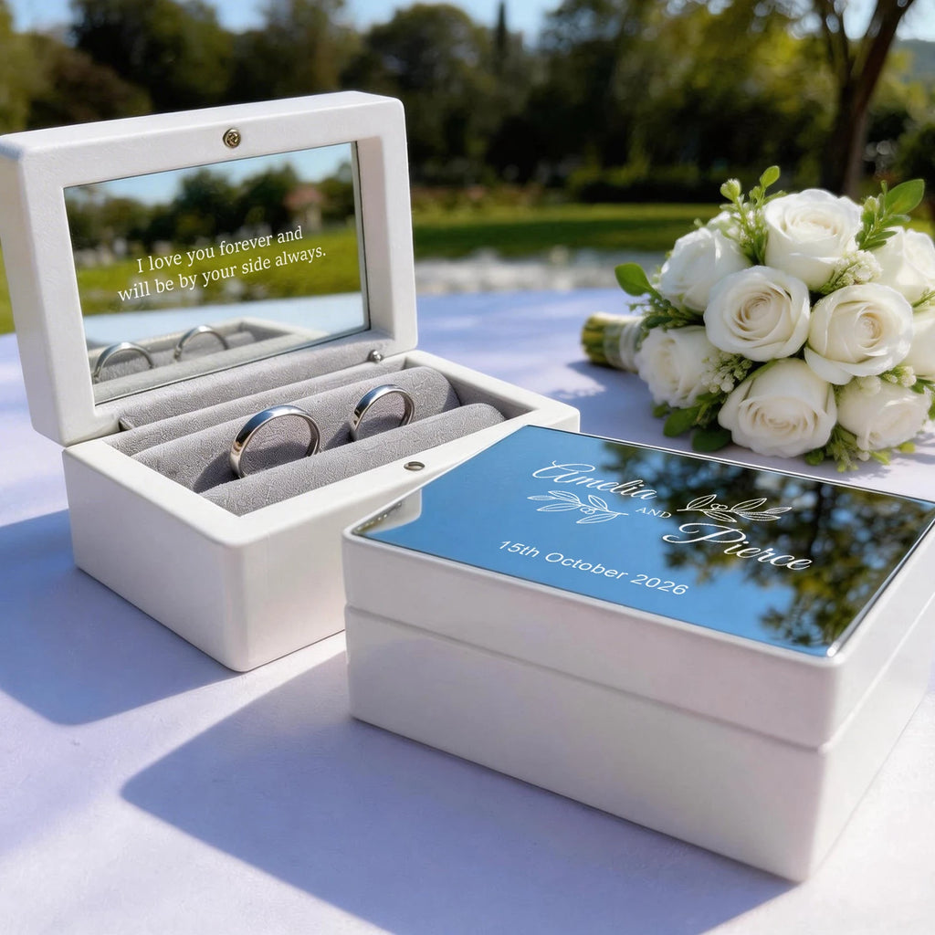 Personalized Wedding Ring Box with Engraved Mirror Lid