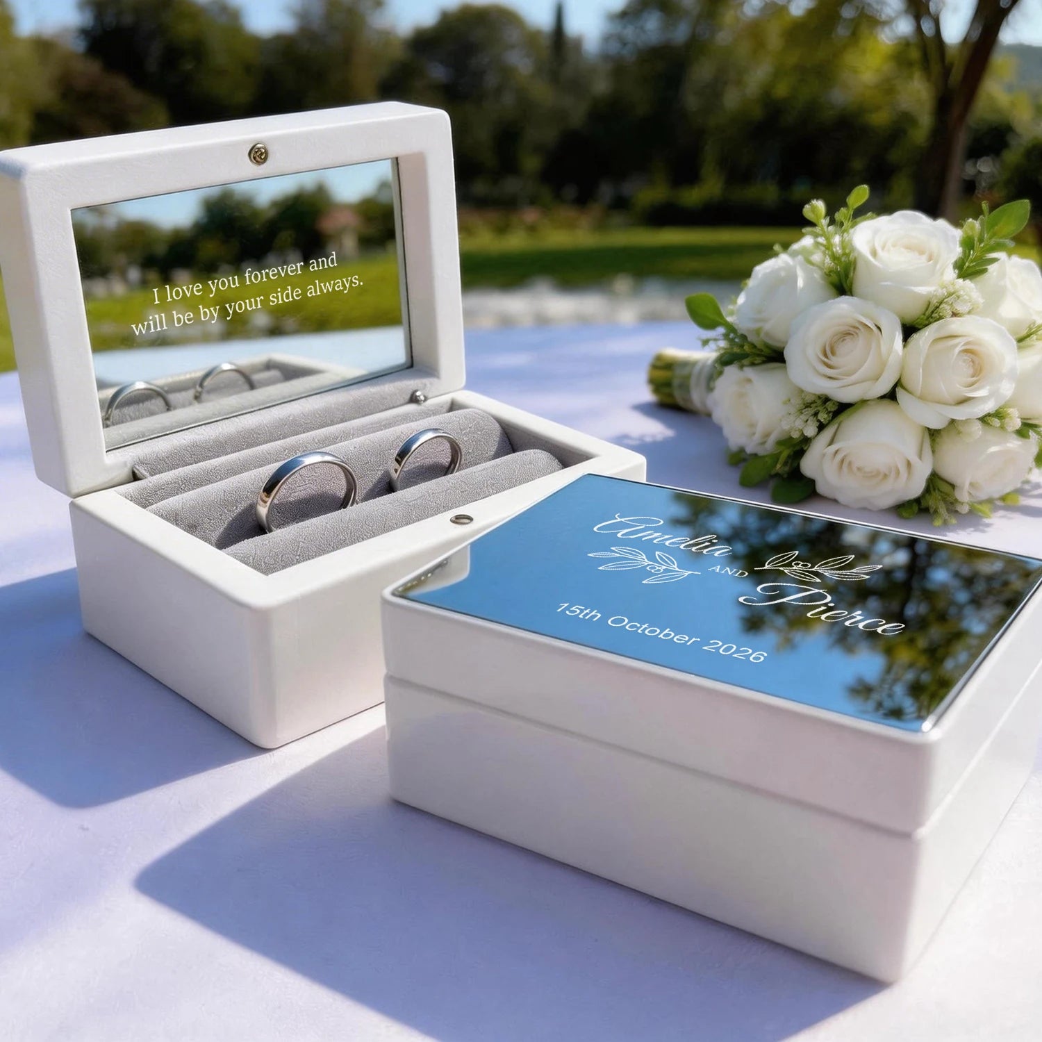 Personalized Wedding Ring Box with Engraved Mirror Lid