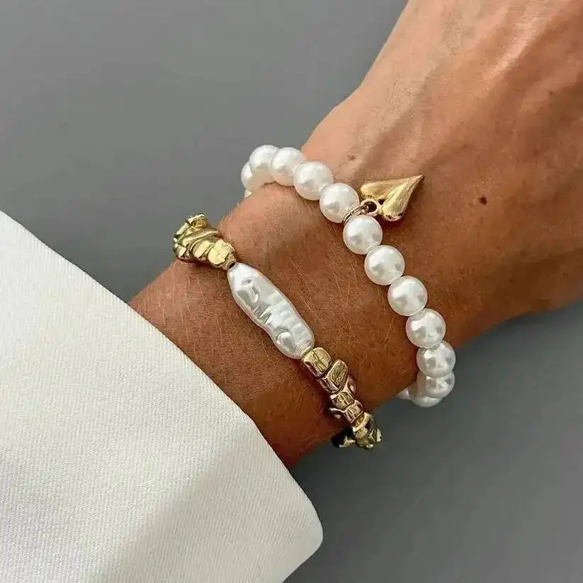 Pearl & Gold Heart Charm Bracelet Set