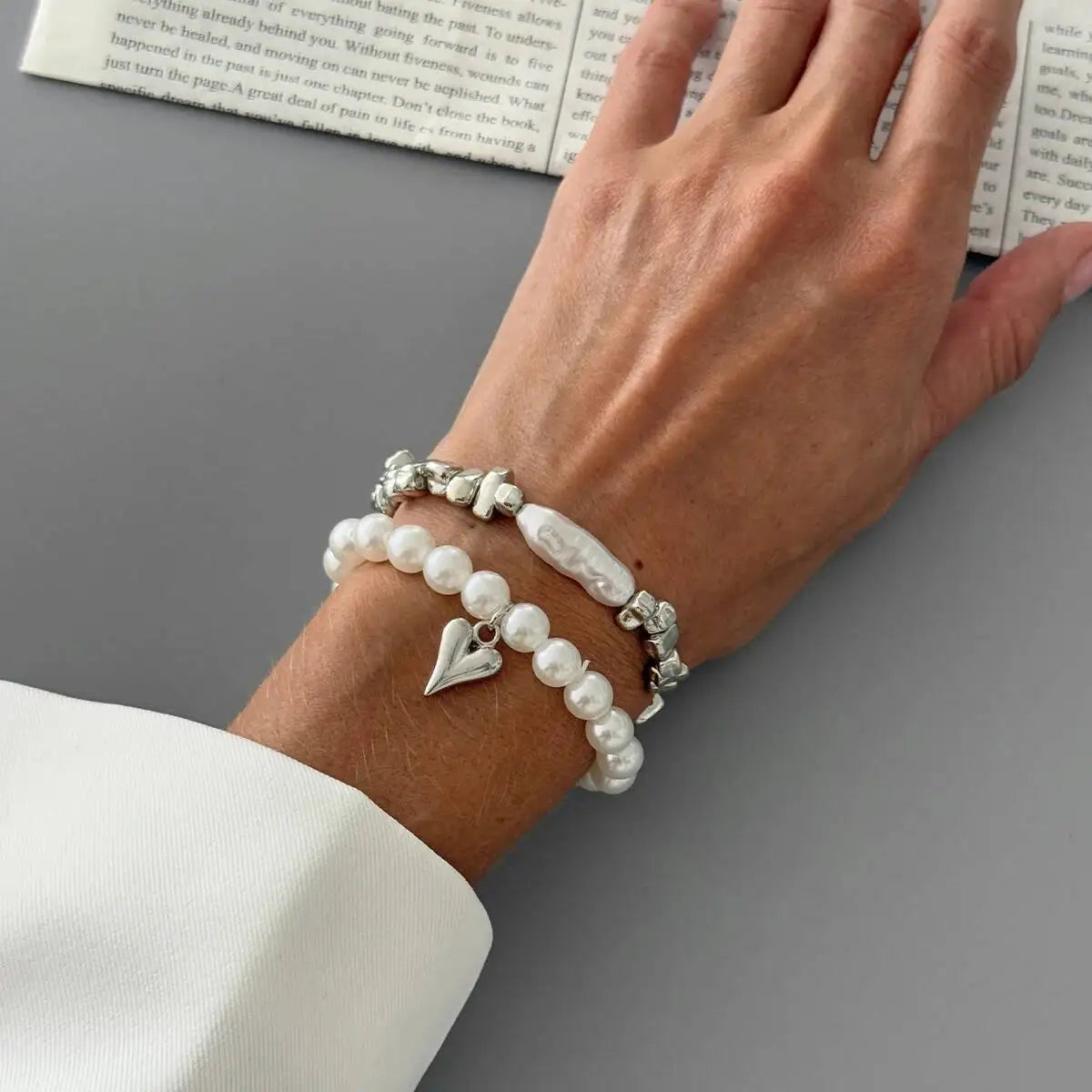 Pearl & Gold Heart Charm Bracelet Set