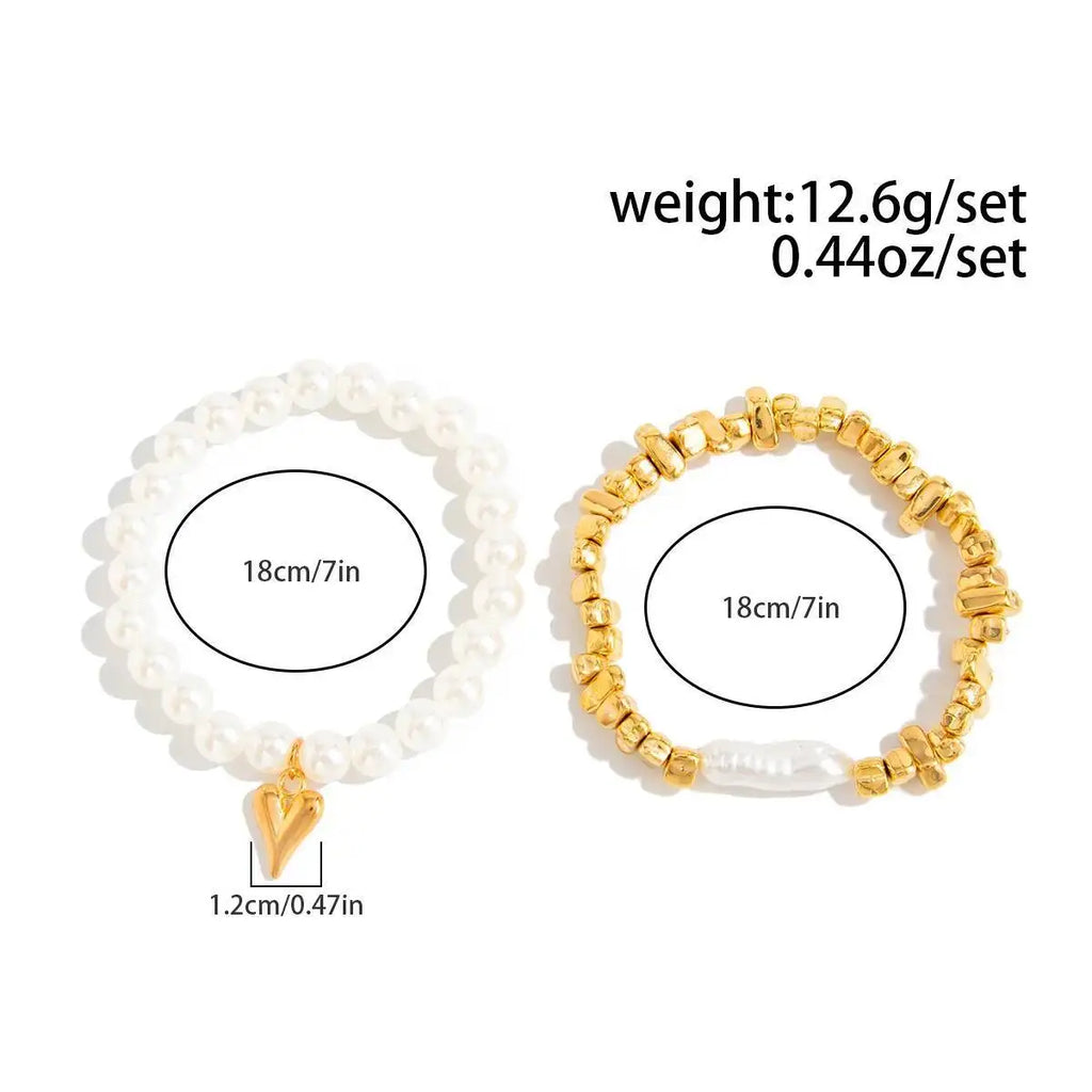Pearl & Gold Heart Charm Bracelet Set