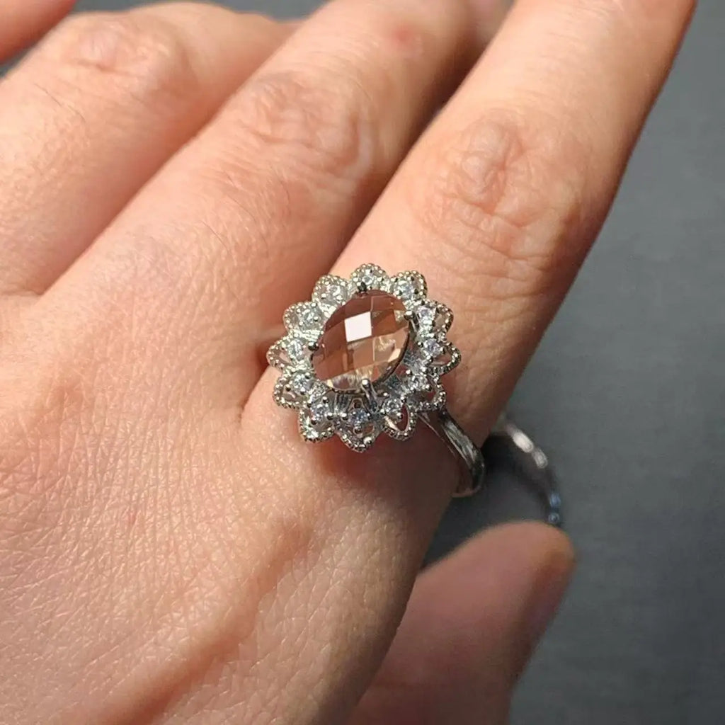 Natural Smoky Quartz Floral Halo Ring in 925 Silver