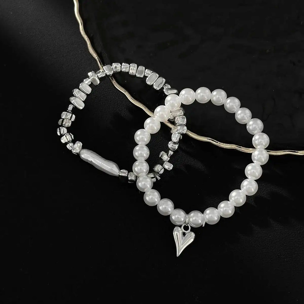 Pearl & Gold Heart Charm Bracelet Set