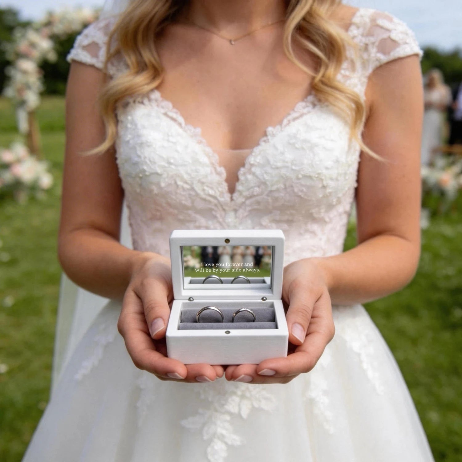 Personalized Wedding Ring Box with Engraved Mirror Lid