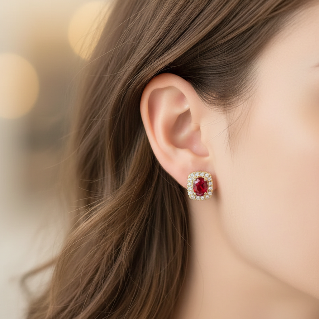 Red Cubic Zirconia Geometric Stud Earrings